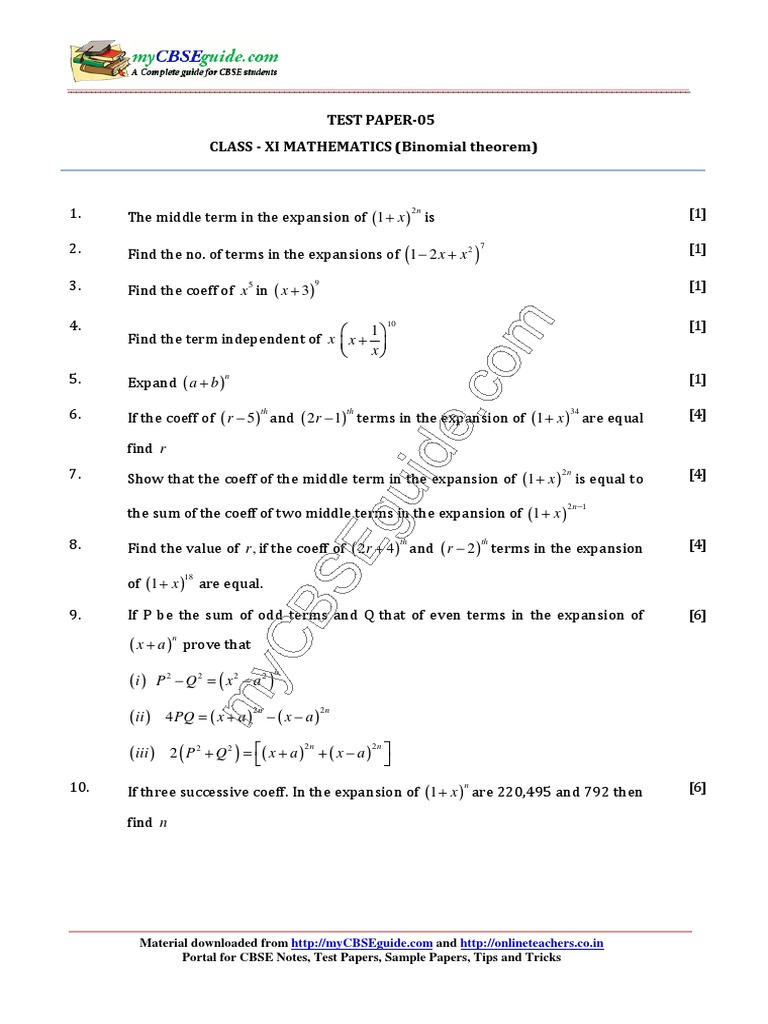 11 Mathematics Binomial Theorem Test 05 | PDF | Discrete Mathematics ...