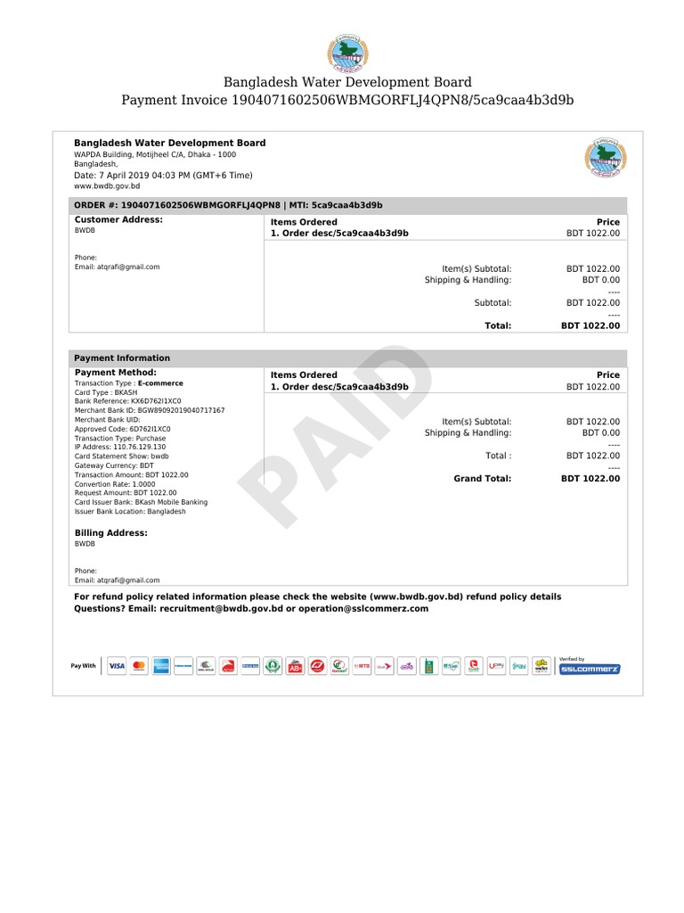 BWDB Payment Invoice Details | PDF | Financial Transaction | Payments