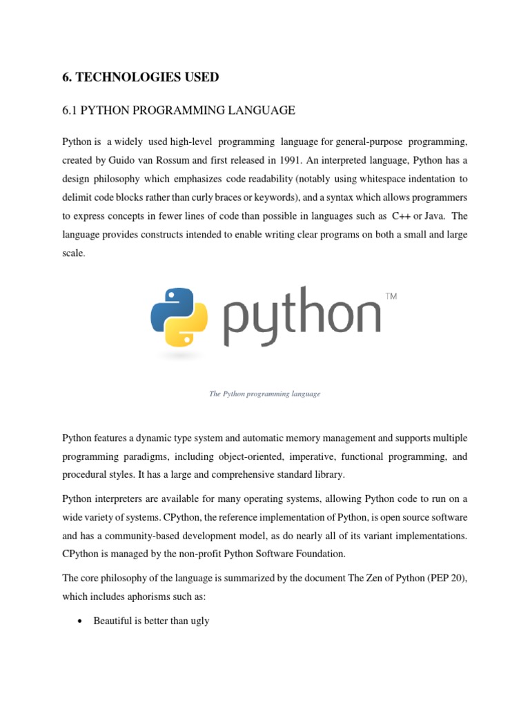 Technologies Used: 6.1 Python Programming Language | PDF | Python ...