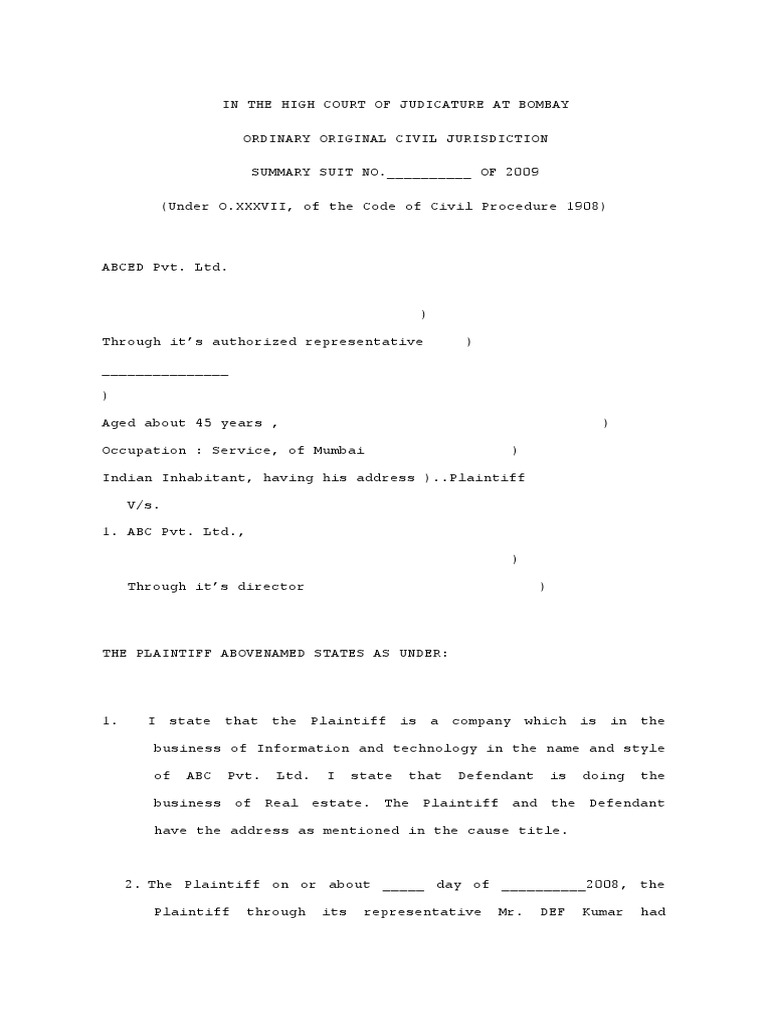 Draft Summary Suit Pdf Rupee Lawsuit