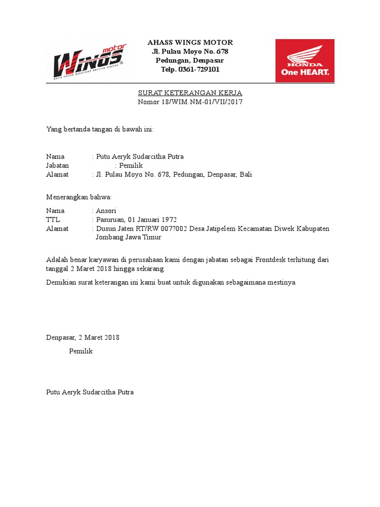 Surat Keterangan Kerja Ahass Wings Motor Pdf