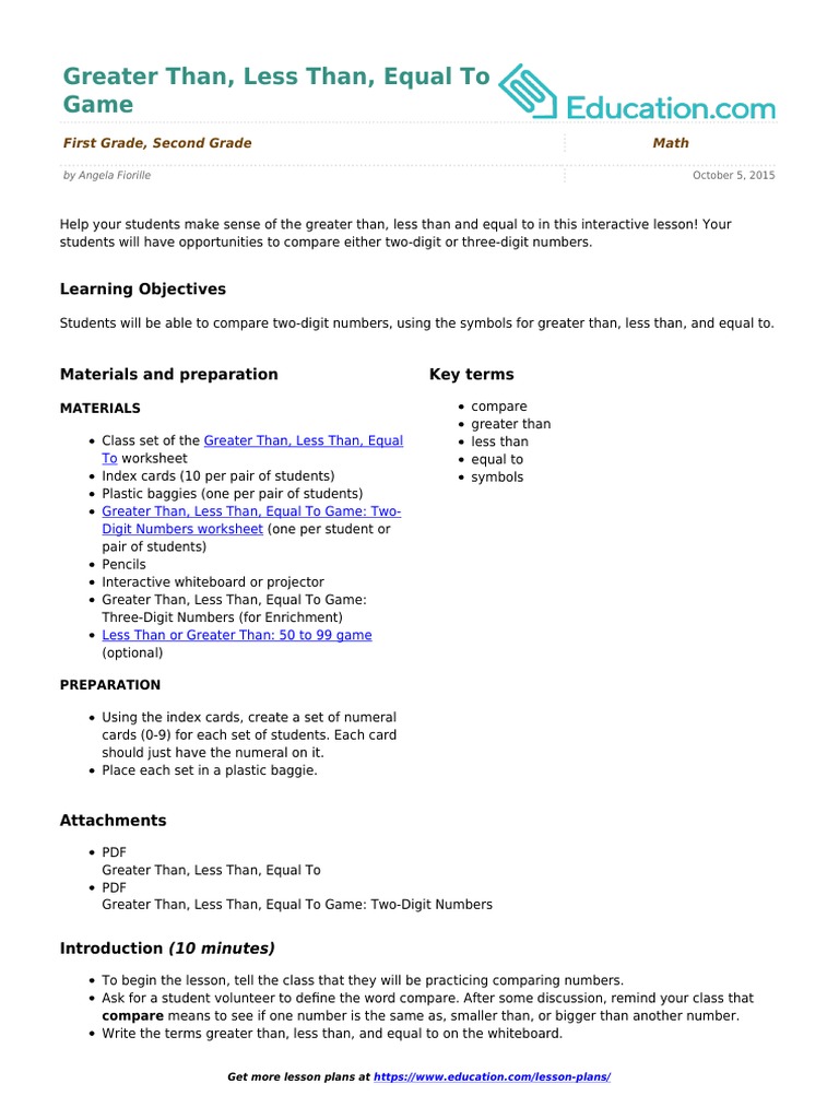 Greater Than, Less Than Lesson Plan | PDF | Lesson Plan | Symbols