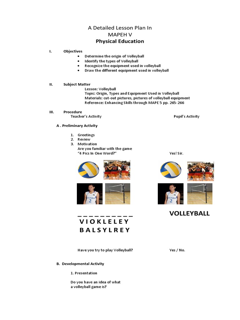 Detailed Lesson Plan In Mapeh Pdf Volleyball Lesson Plan