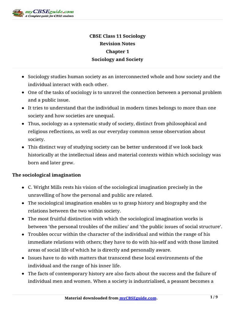 CBSE Class 11 Sociology Revision Notes Sociology and Society | PDF ...