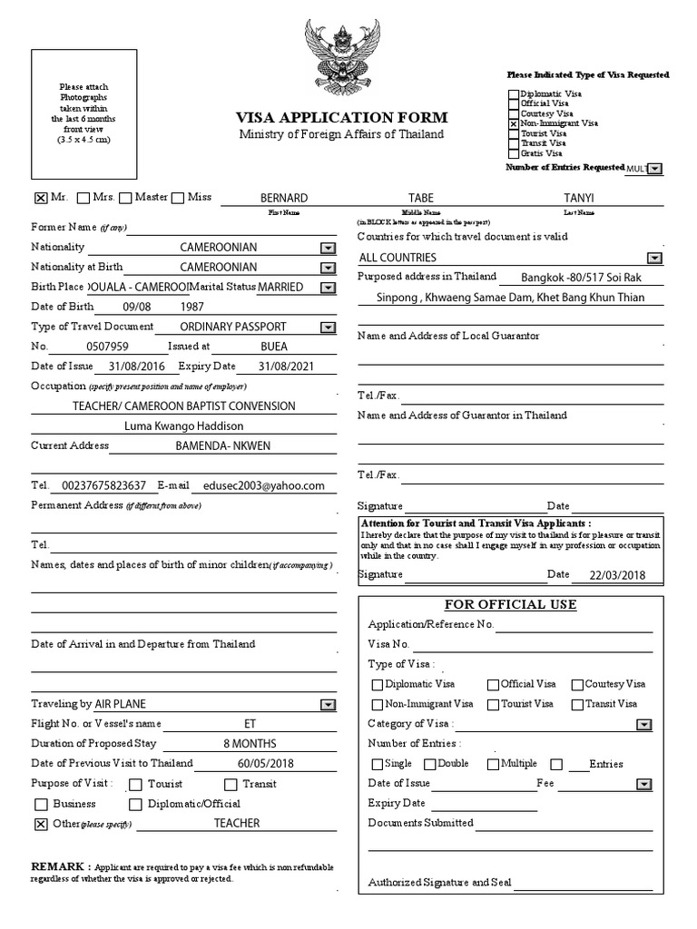 Thailand Visa Form | PDF | Travel Visa | Nationality Law