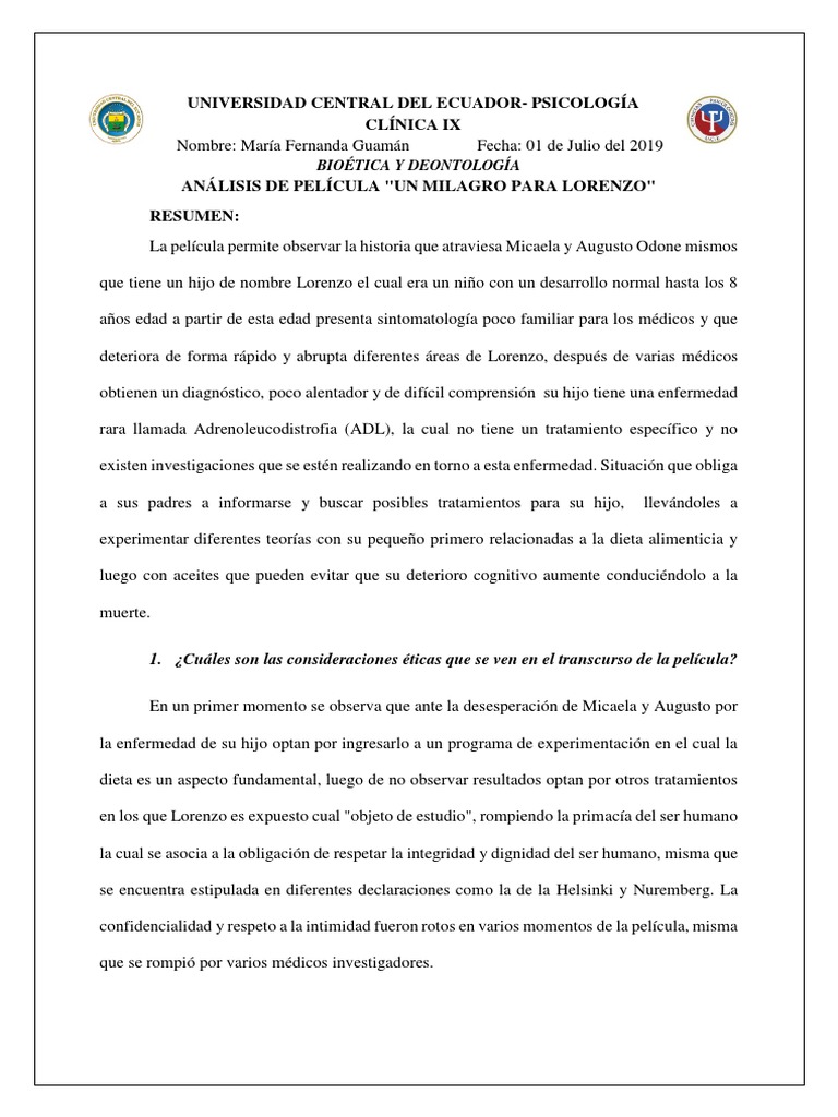 Análisis bioético de la película Un milagro para Lorenzo