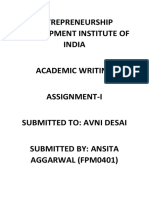 ENTREPRENEURSHIP DEVELOPMENT INSTITUTE OF INDIA ACADEMIC WRITING ASSIGNMENT-I