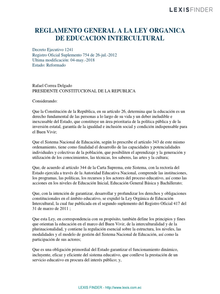 Reglamento General A La Ley Organica de Educacion Intercultural | PDF ...