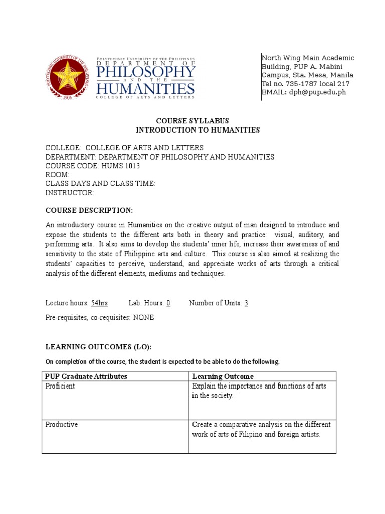 Course Syllabus Introduction To Humanities | Download Free PDF ...