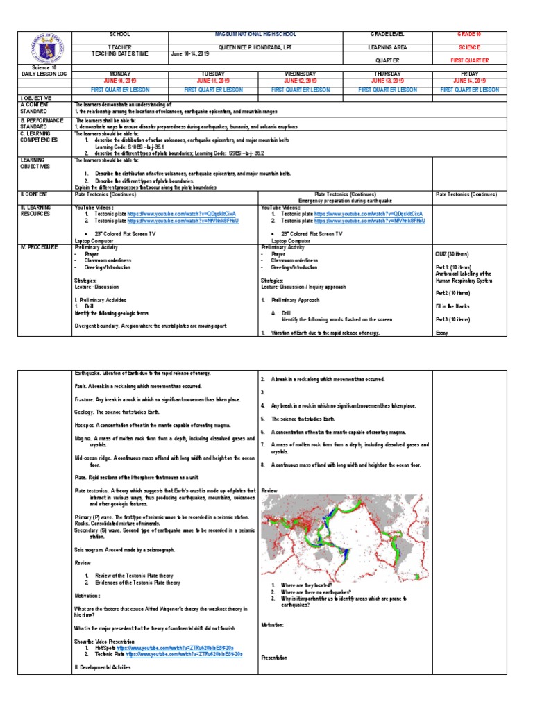 Grade 10 Plate Tectonics Lesson Plan | PDF | Plate Tectonics | Volcano