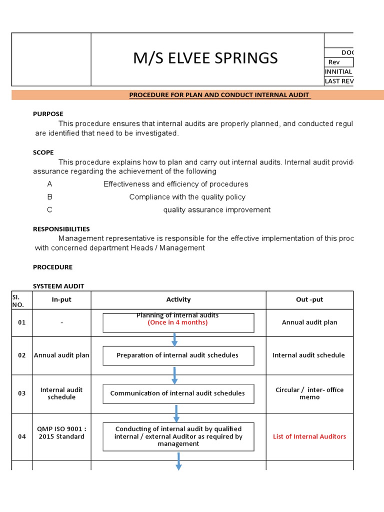 Internal Audit Procedure for Elvee Springs | PDF | Internal Audit | Audit