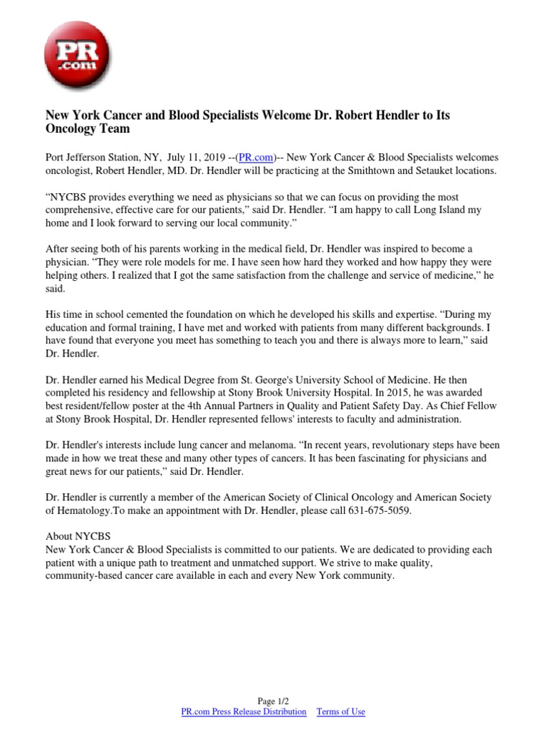 New York Cancer and Blood Specialists Dr. Robert Hendler To Its