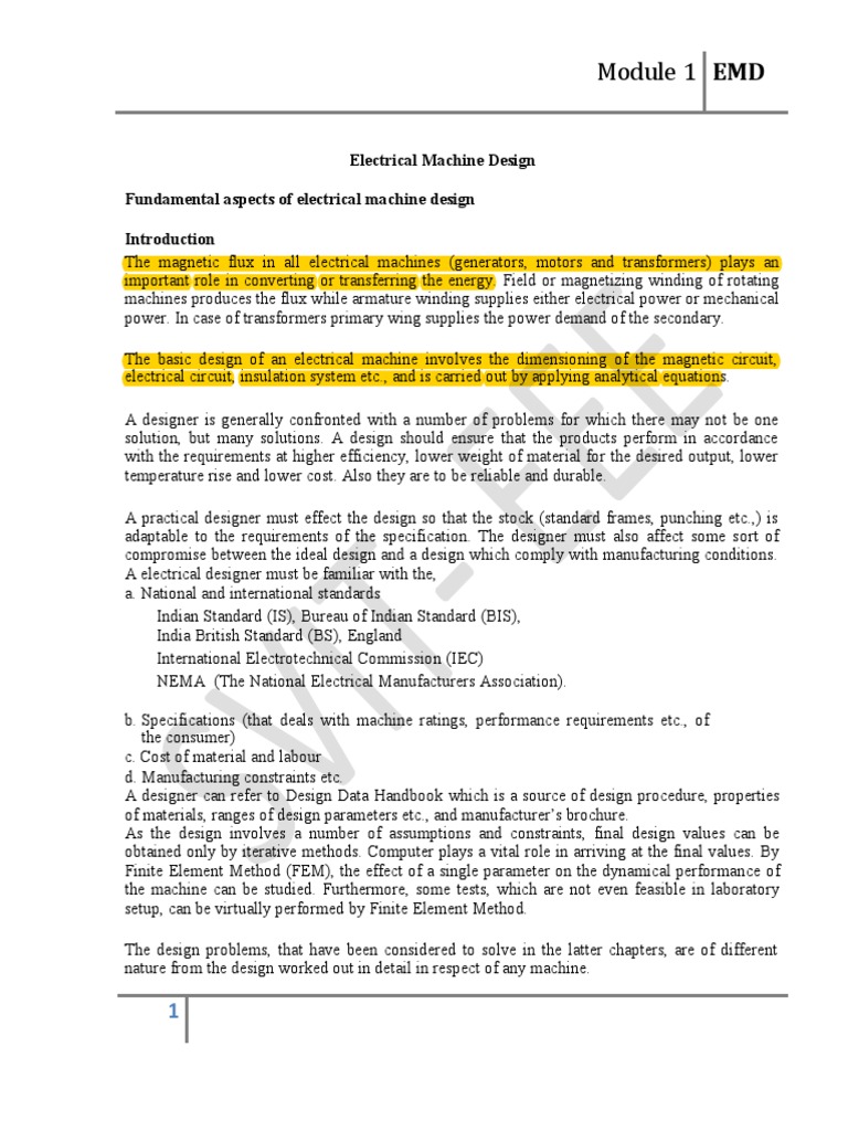 Module 1 EMD: Electrical Machine Design Fundamental Aspects of ...