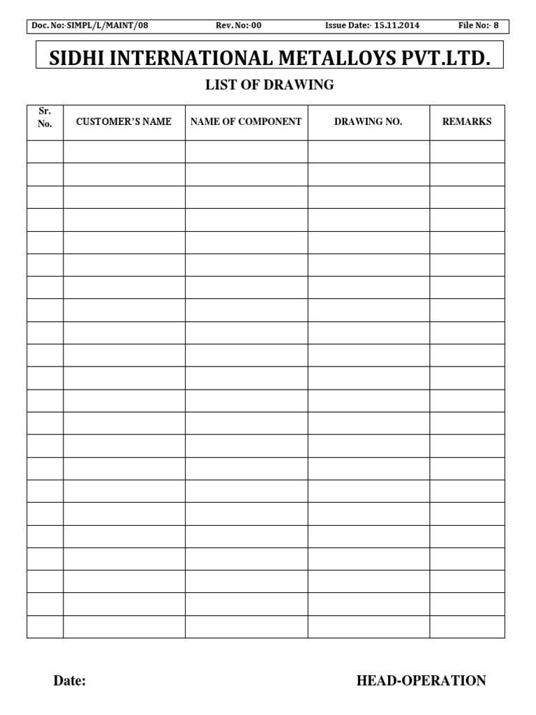 Drawing List for Components | PDF