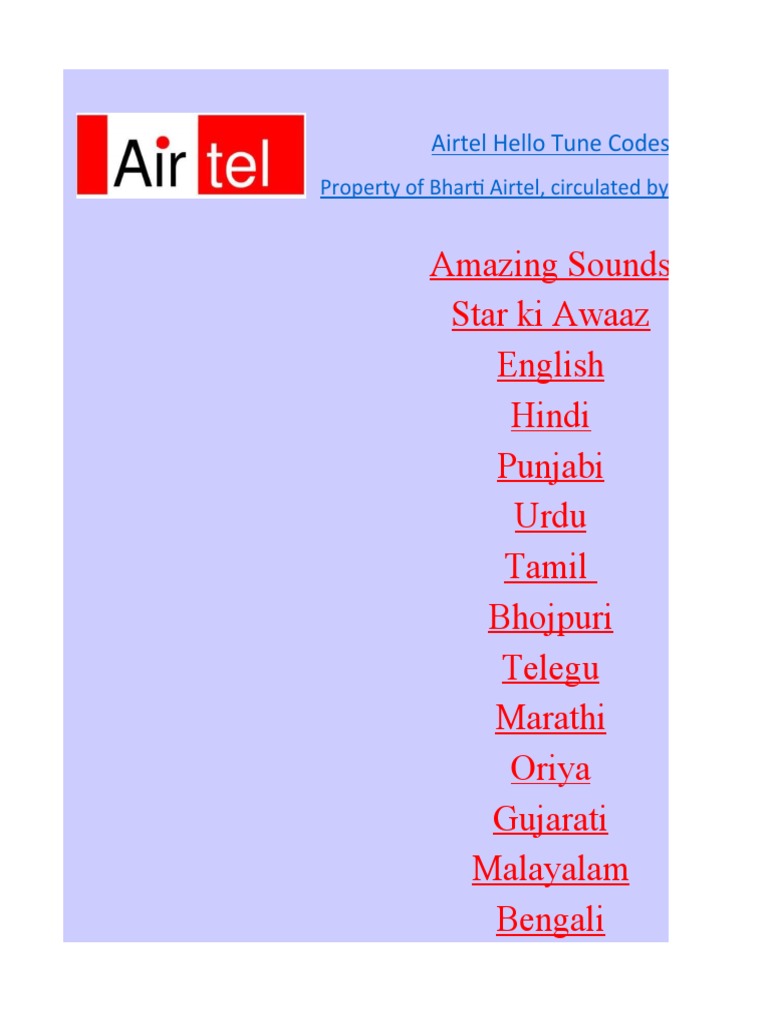 Airtel Hello Tune Codes 22 12 09 Pdf