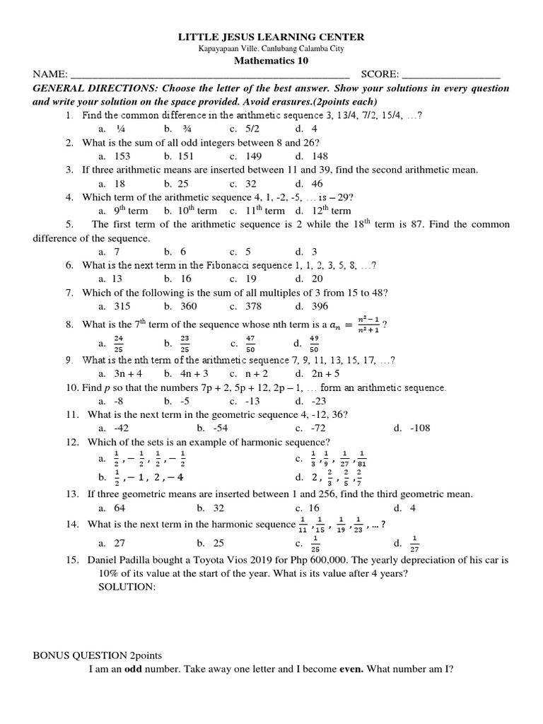Grade 10 Math | PDF | Sequence | Arithmetic Mean