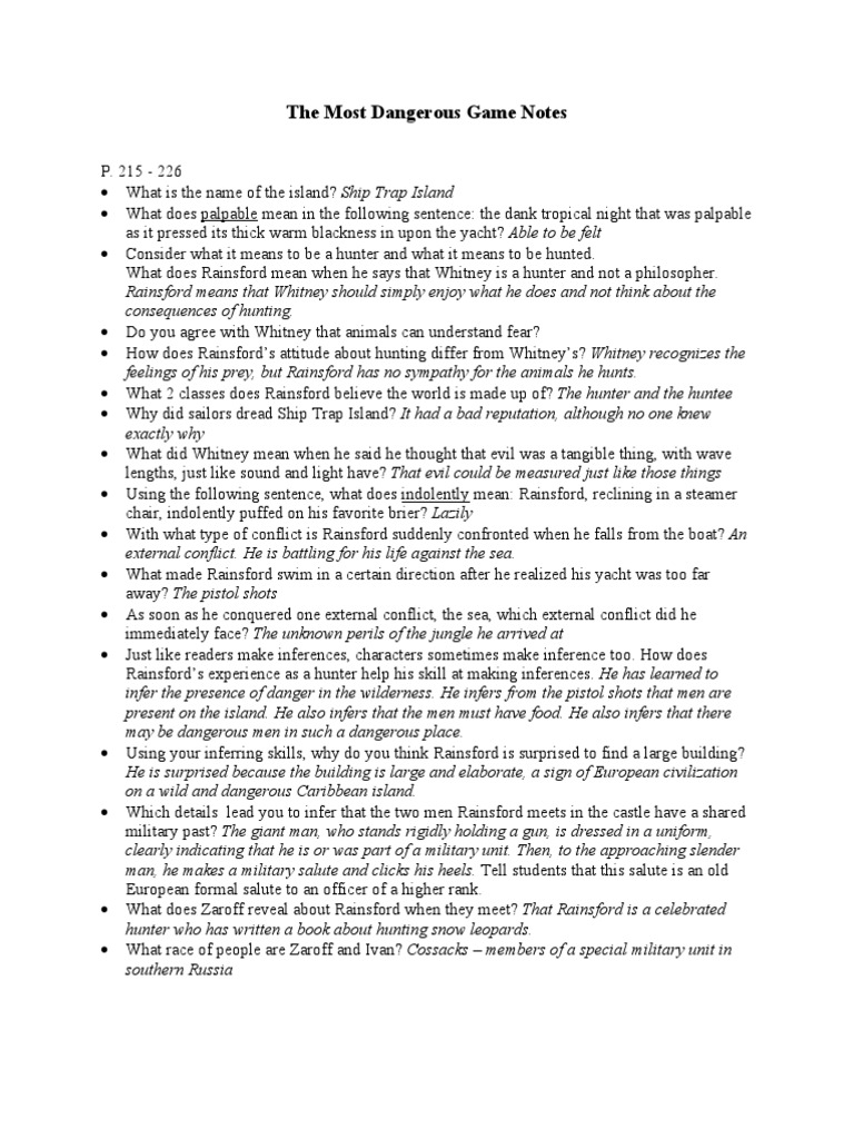 The Most Dangerous Game Notes PDF Hunting