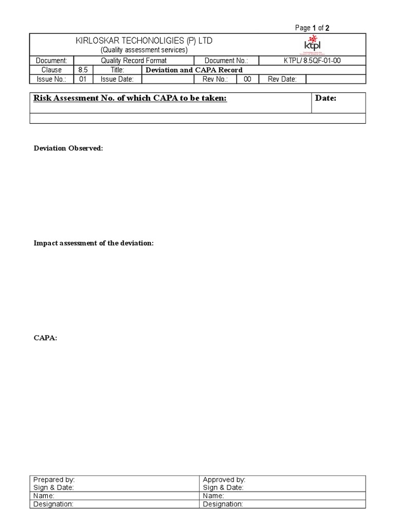Deviation and CAPA Record Template | PDF