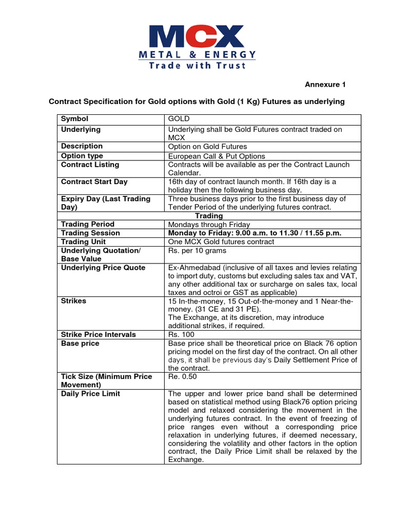 Contract Specification For Gold Options With Gold (1 KG) Futures As ...