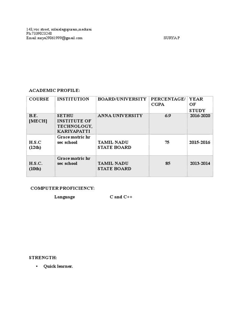Surya P's Academic and Personal Profile | PDF