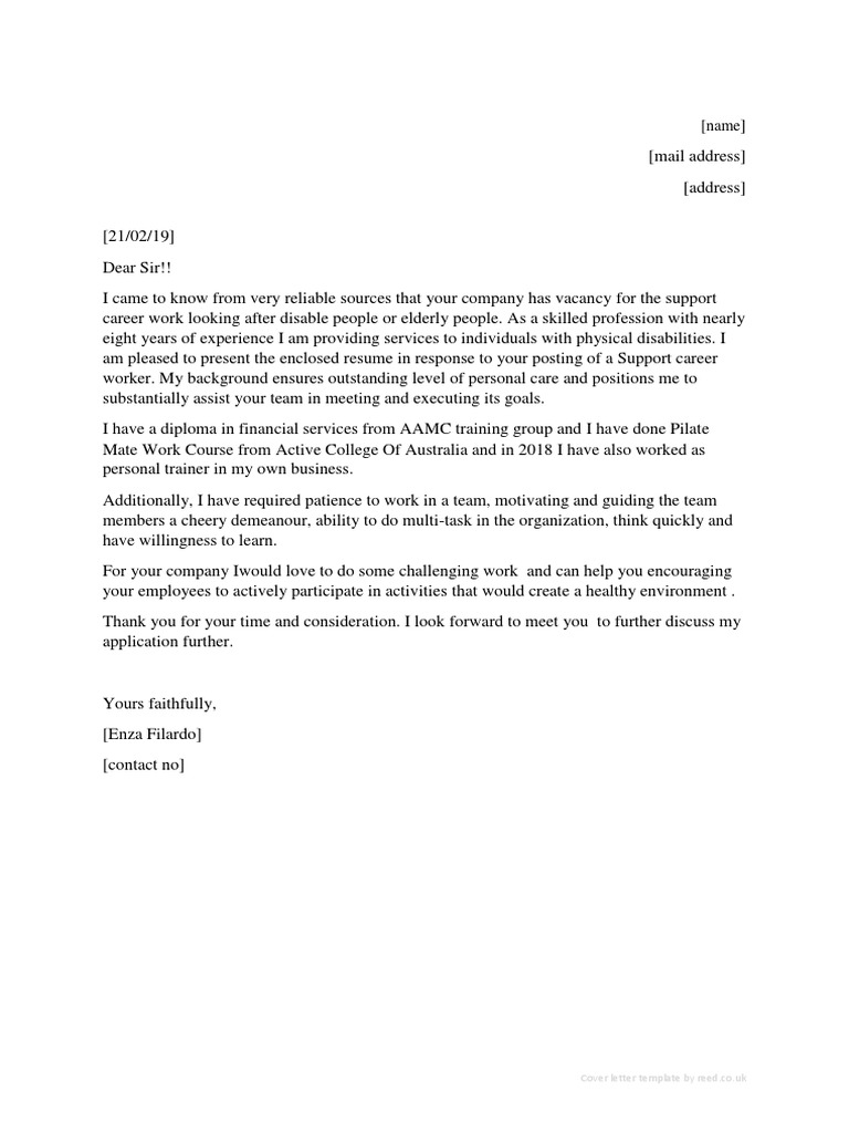 Reed Cover Letter Template for Support Roles | PDF