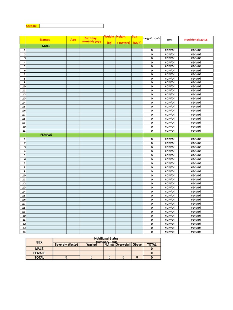 BMI Template 2019 2020 | PDF | Overweight | Body Mass Index