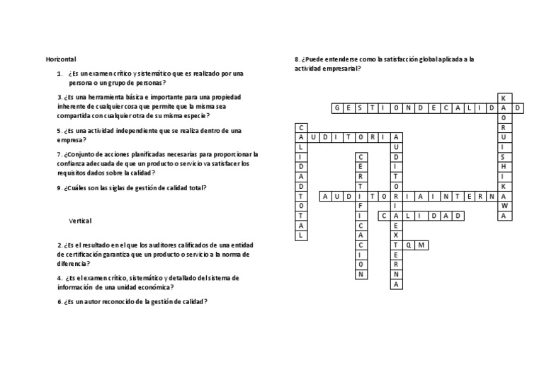 Crucigrama Con Respuestas PDF Calidad Economias
