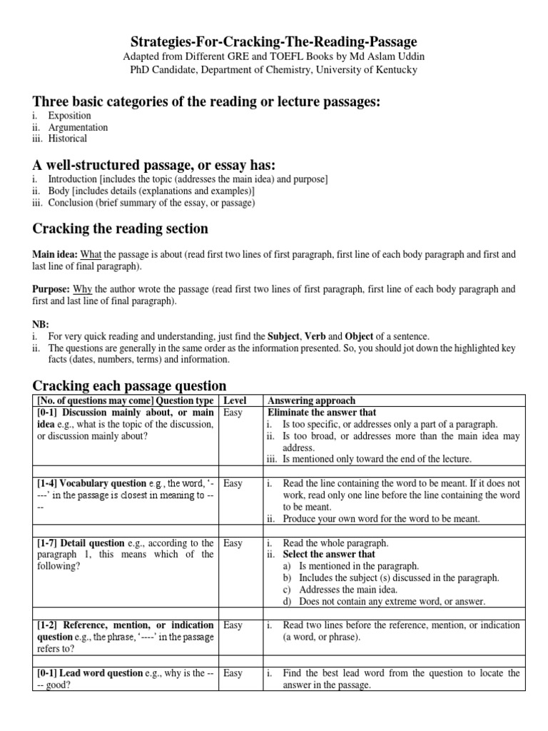 Strategy For Cracking The Reading Passage Pdf Pdf Question Paragraph