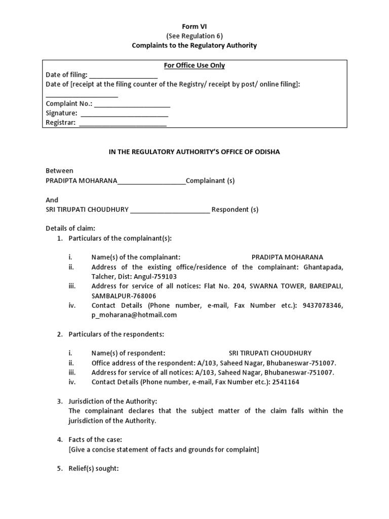 RERA Complaint Form VI for Odisha | PDF | Payments | Cheque