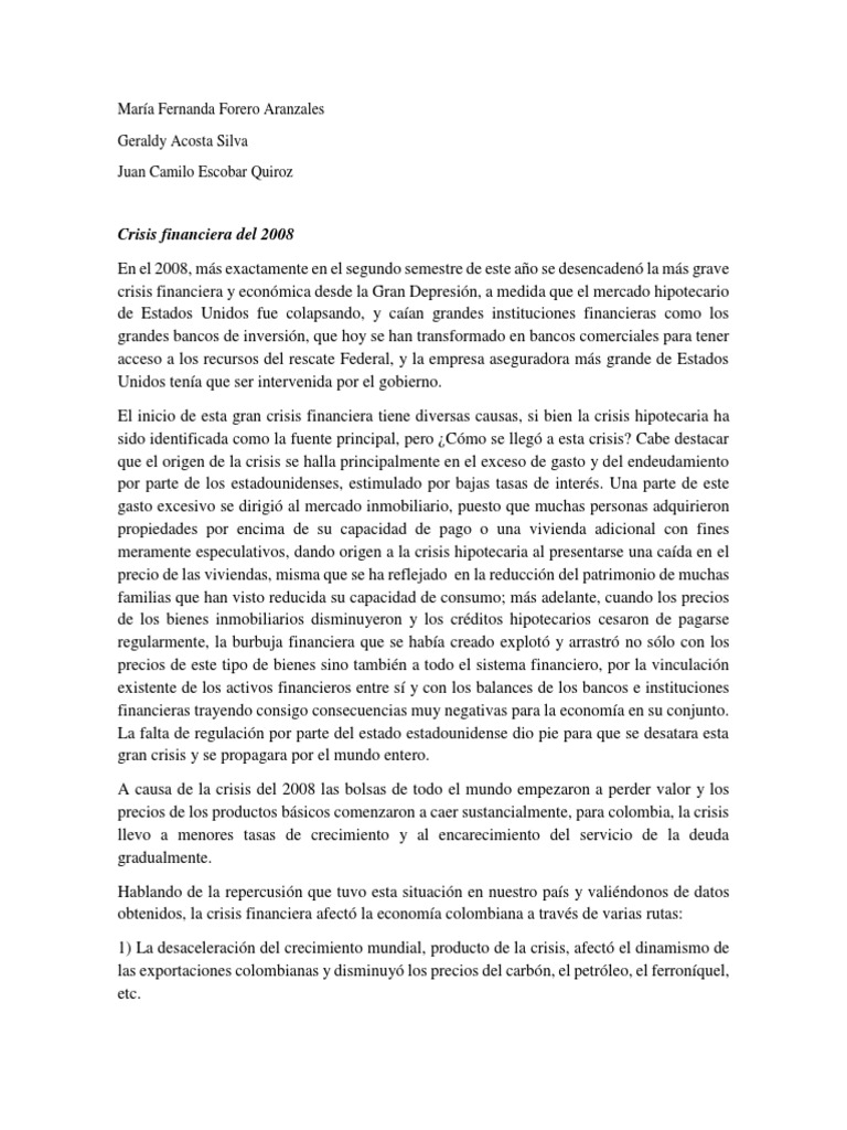 Impacto de la Crisis 2008 en Colombia | PDF | Crisis financiera de 2007 ...