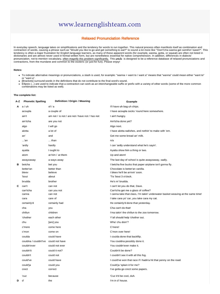 Relaxed Pronunciation Reference: Notes | PDF | English Language ...