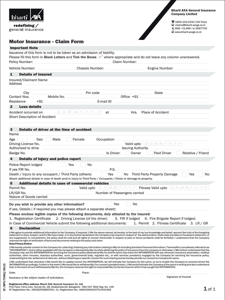 Bharti AXA Motor Insurance Claim Form | PDF | Vehicle Insurance | Insurance