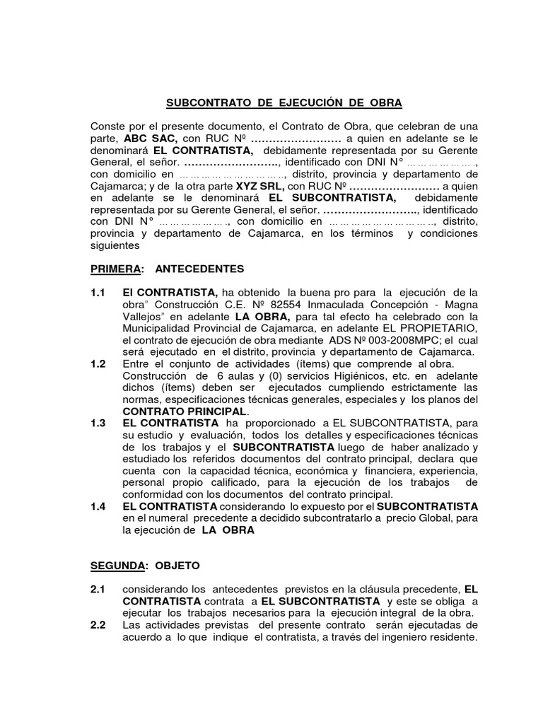 SubContrato de Ejecución de Obra-Modelo | Conceptos legales | Virtud