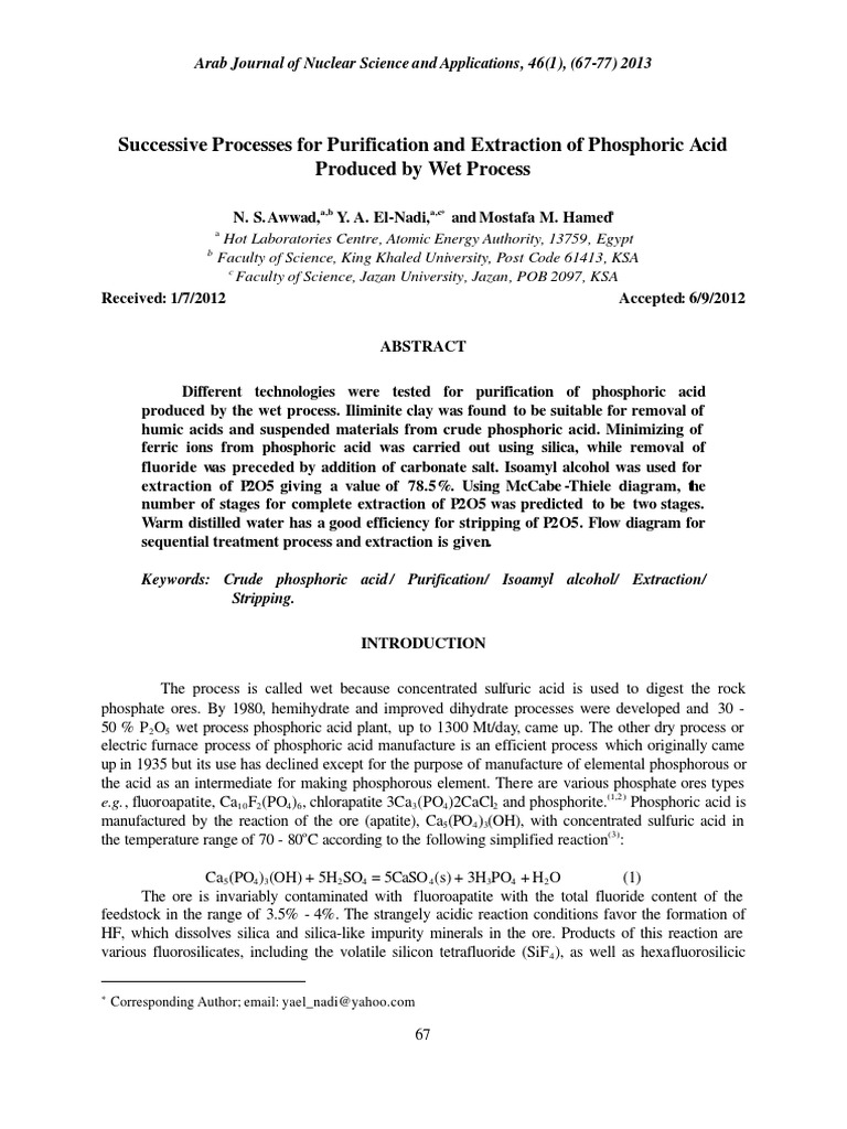 Successive Processes For Purification and Extraction of Phosphoric Acid ...