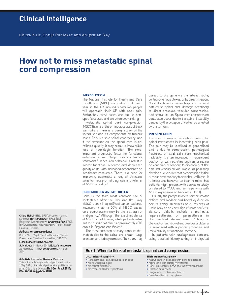 Metastatic Spinal Cord Compression | PDF | Back Pain | Metastasis