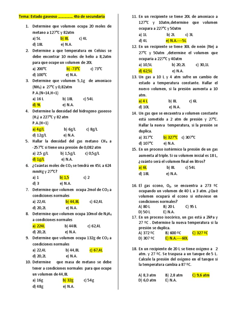 Ejercicios sobre el estado gaseoso | PDF | Gases | Fases de la materia