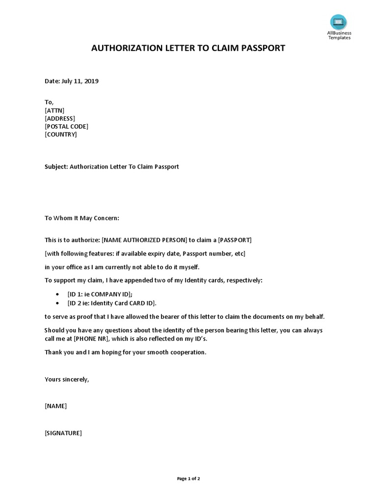 Authorization Letter To Claim Passport | PDF