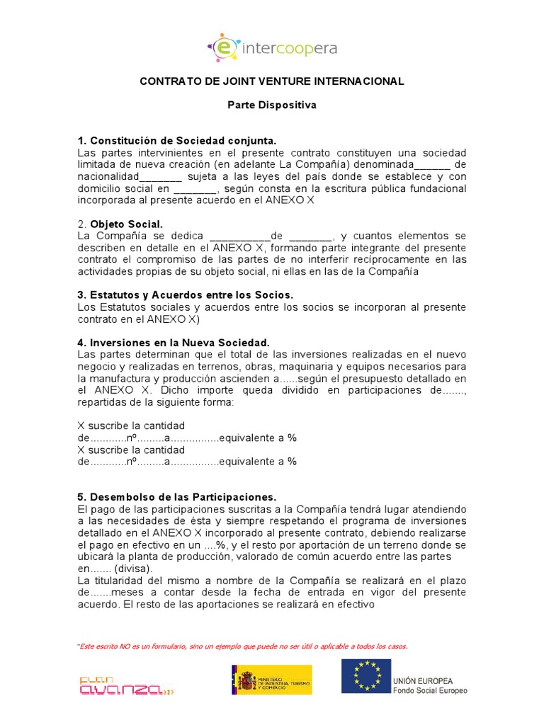 Contrato De Joint Venture Internacional Parte Dispositiva  Proyecto