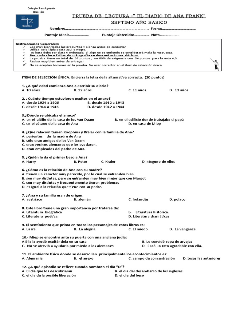 Prueba De Lectura” El Diario De Ana Frank” Septimo Año