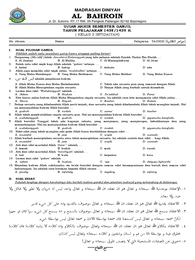 Soal Uas Ganjil Tauhid Kls Satu