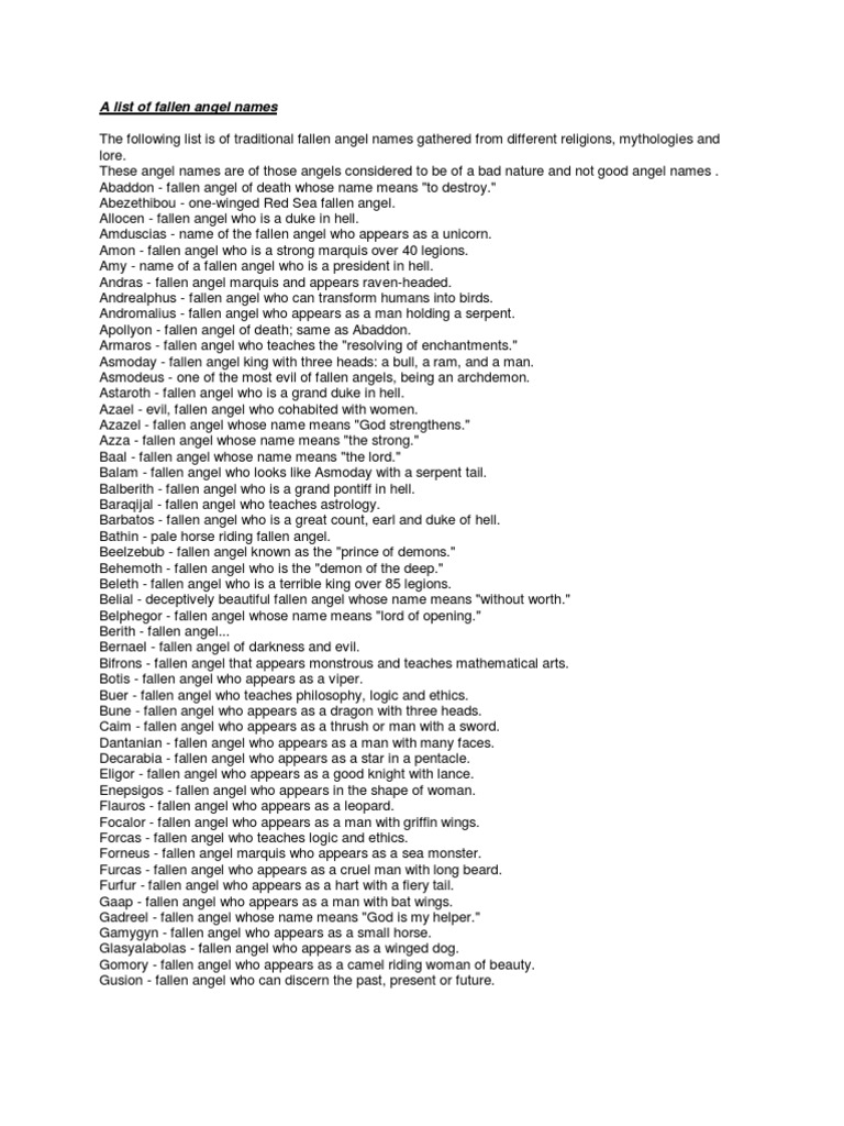 A List Of Fallen Angel Names Fallen Angels Christian Legendary Creatures