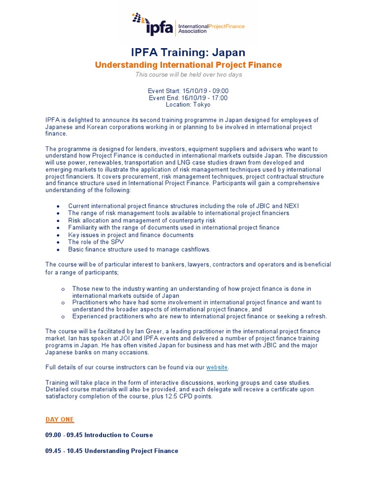IPFA Project Finance Training in Japan | PDF | Project Finance | Money