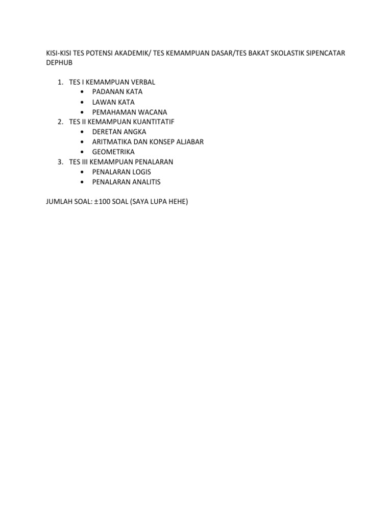 Kisi Kisi Tes Potensi Akademik Sipencatar Dephub