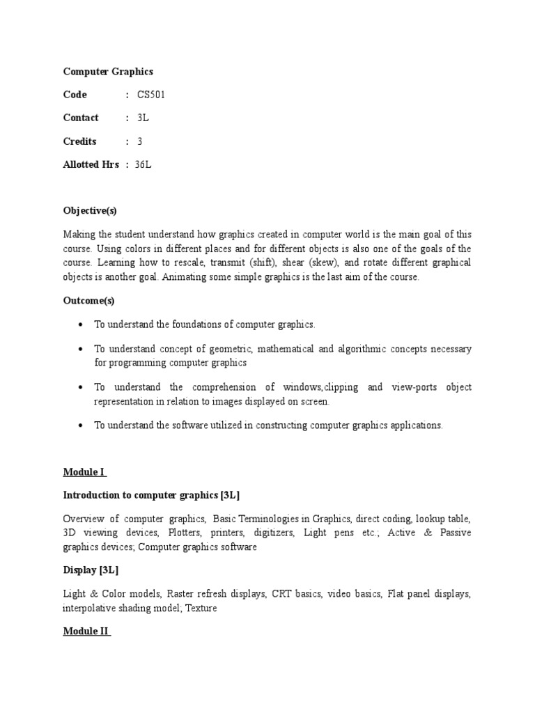 Computer Graphics Code CS501 Contact 3L Credits 3 Allotted HRS 36L PDF Computer Graphics