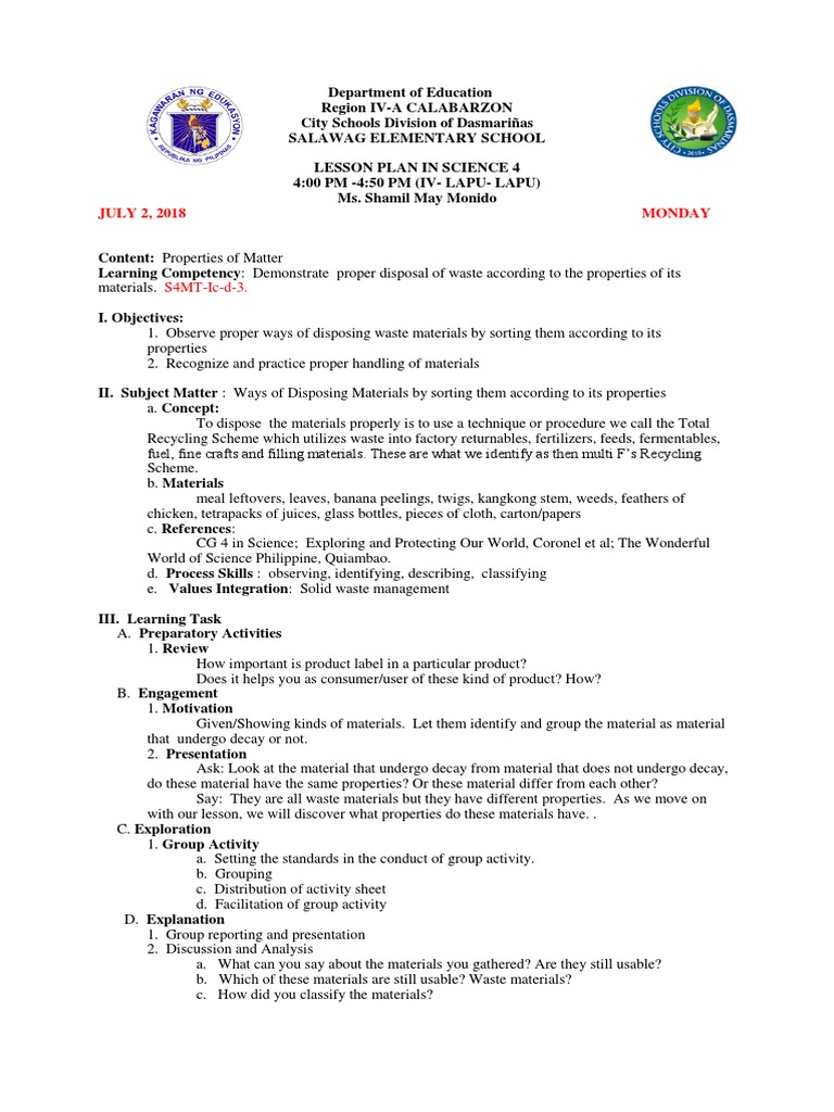 Waste Disposal Lesson Plan for Grade 4 | PDF | Waste Management | Recycling