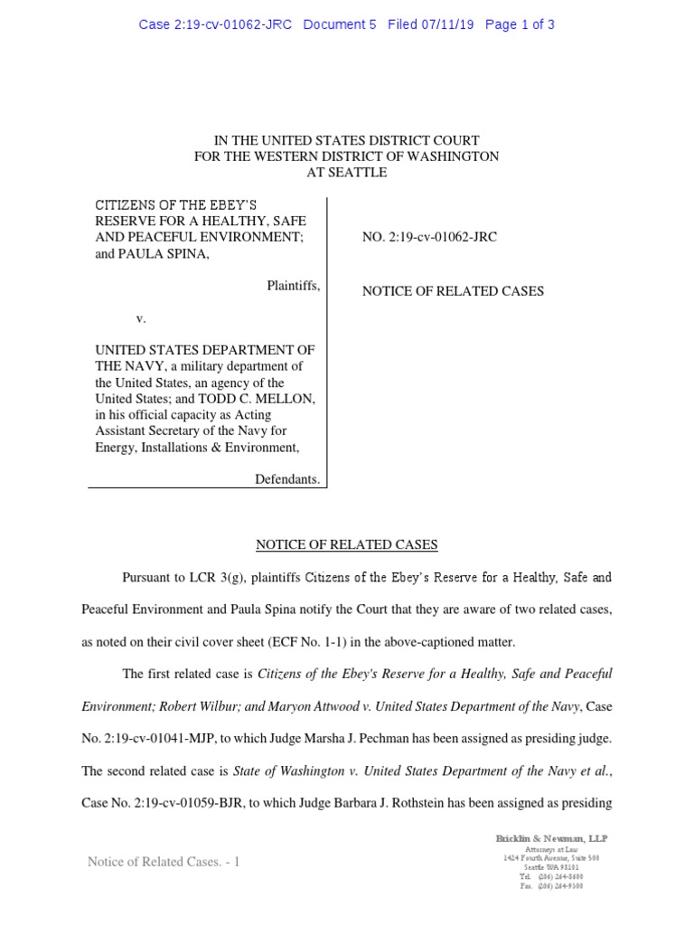 Notice of Related Cases in COER v Navy US Fed Court Case 2:19 cv 01062