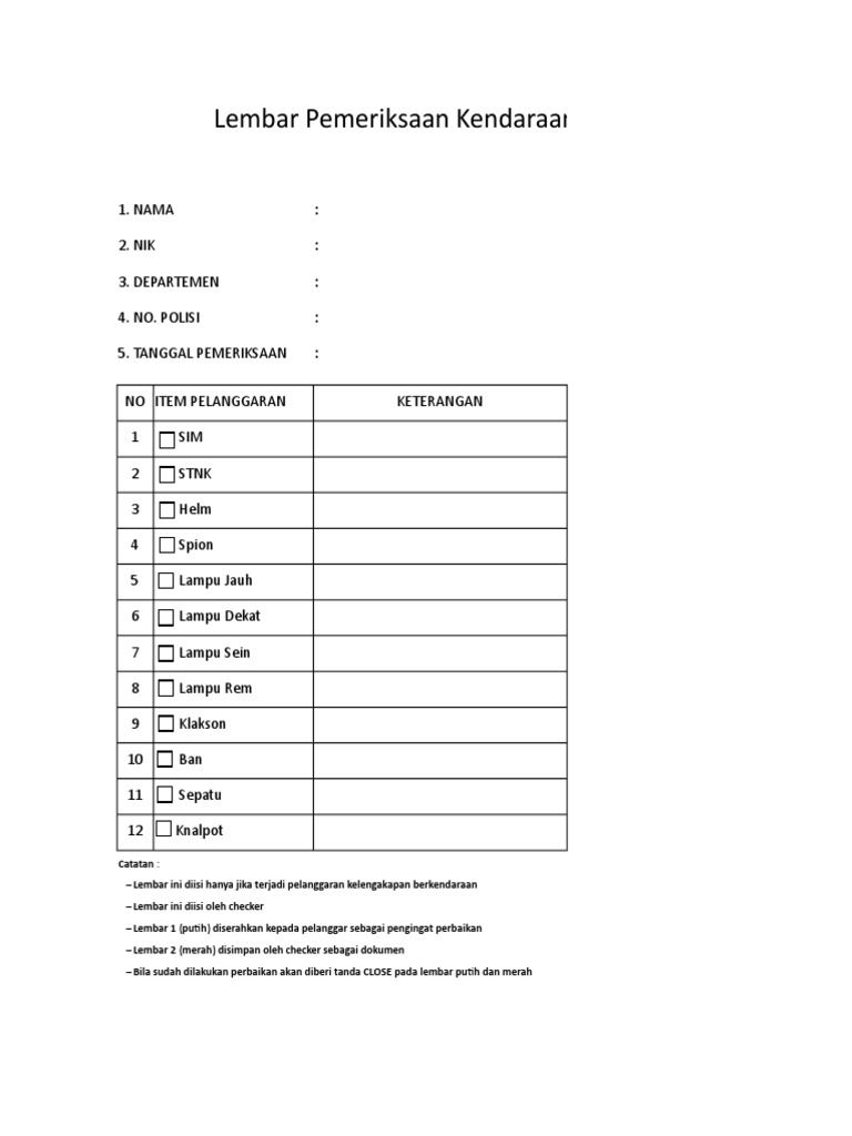 Lembar Cek Kendaraan Roda Dua | PDF
