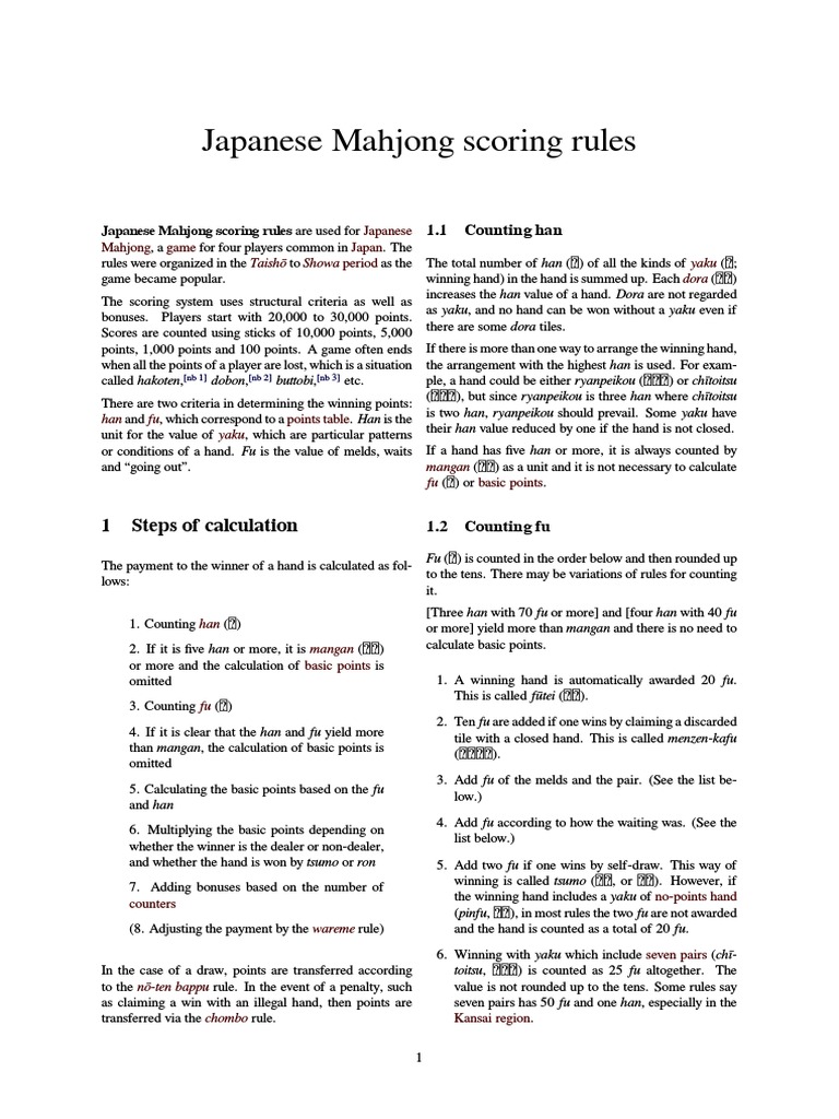 Japanese Mahjong Scoring Rules | PDF | Shedding Type Card Games | Board ...