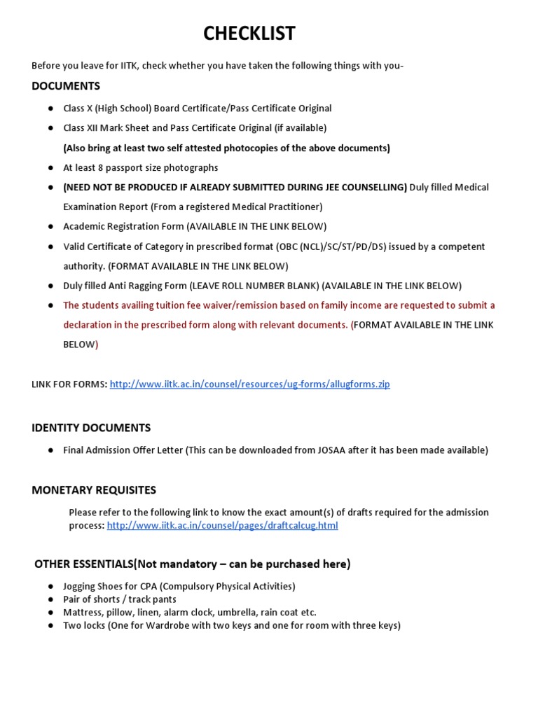 IITK Admission Checklist Essentials | PDF | Technology & Engineering