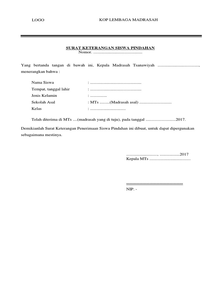 Contoh Surat Penerimaan Mutasi Siswa Docx